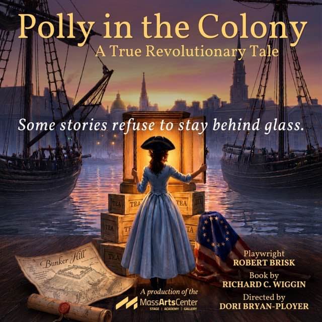 Polly in the Colony: A True Revolutionary Tale — Polly in a Boston Harbor shop window, ships and tea crates behind her